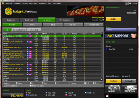 LuckyAcePoker Cash Game Lobby