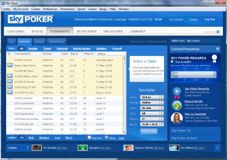 Sky Poker Tournament lobby