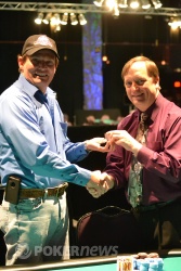 Sam Barnhart (left) being presented the WSOP-C gold ring by Tournament Director Jimmy Sommerfeld.