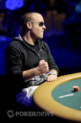 Rafe Kibrit pumps his fist as he takes the chip lead