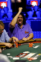 Antonin Teisseire does his best Gene Simmons impression after doubling up on Day 3.