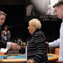 Jack Effel greets Ellen "Gram" Deeb, the oldest WSOP main event player at 92 years of age. Shown here with grandson and poker pro Shaun Deeb.