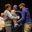 Matt Waxman is mobbed by fellow pros, Jason Mercier, Jeff Gross and McClane Karr.  Waxman had just won a WSOP Gold Bracelet