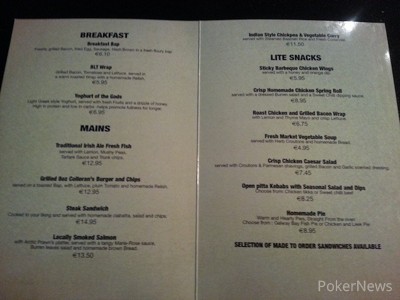 The Poker Face Cafe menu