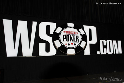 WSOP.com sign lights up the Pavilion Room stage