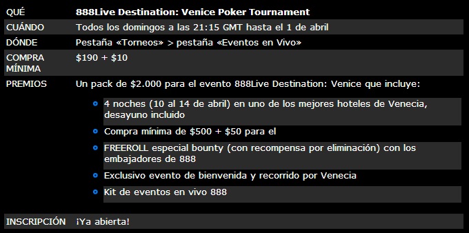 ¡Gana un paquete de .000 para el evento 888Live Destination: Venice! 101