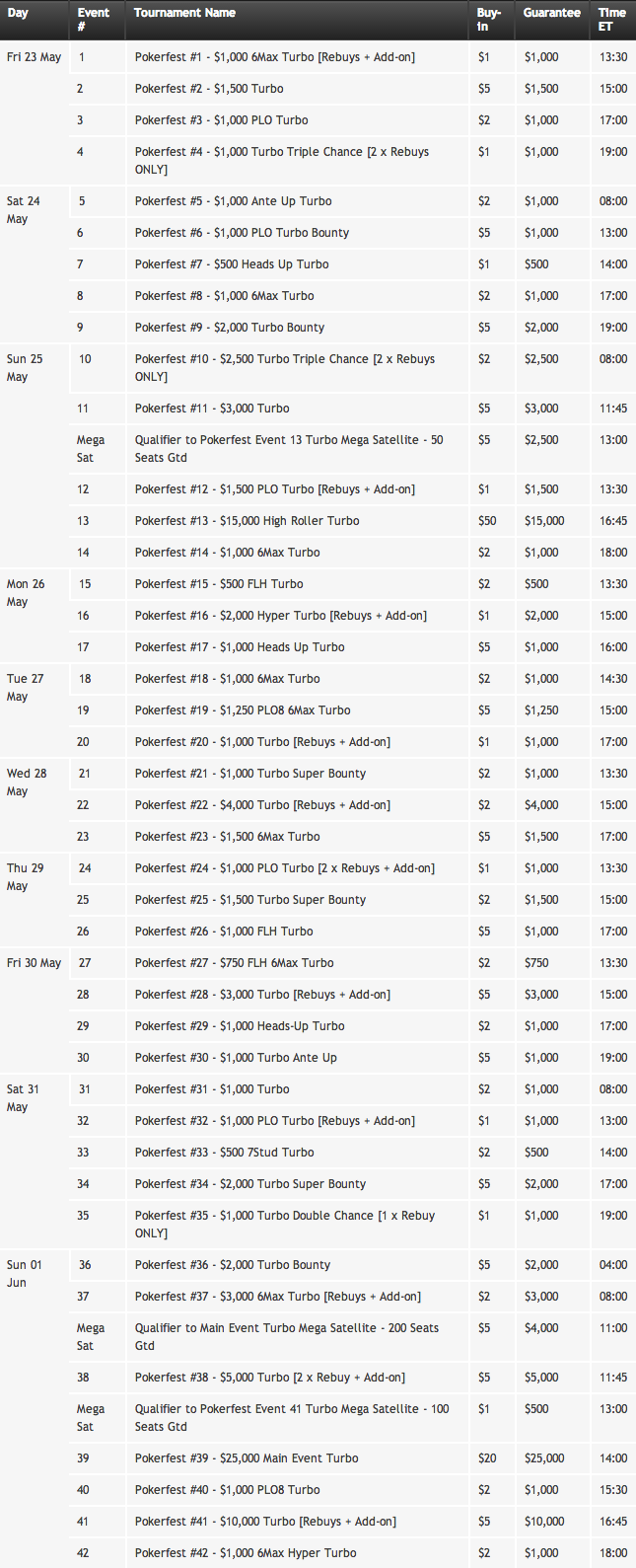 pokerfest schedule