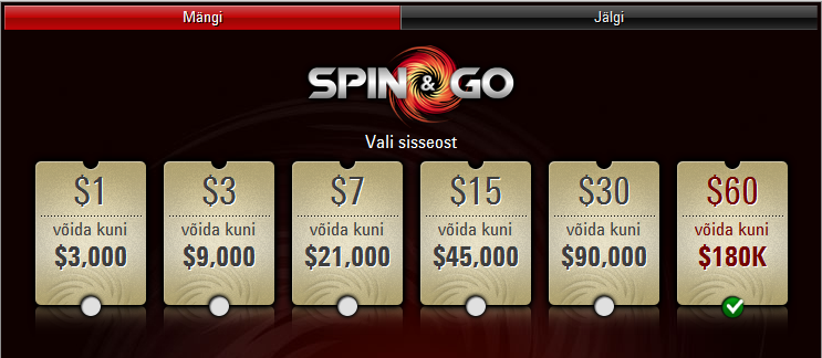 Tartlane Valev Vahter keerutas PokerStars Spin & Go turniiril välja maksimumi 101