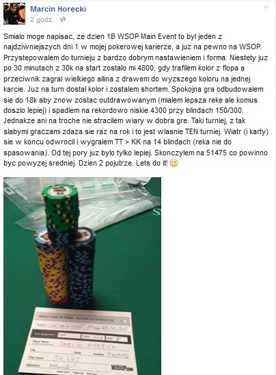 Marcin Horecki ze średnim stackiem po dniu 1B Main Eventu WSOP 101