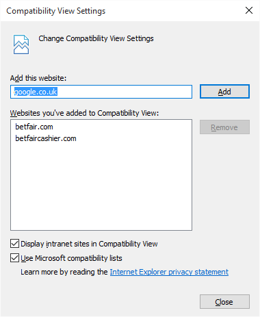 Compatibility View Settings in Internet Explorer