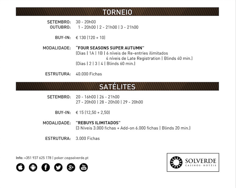Satélites e Calendário Four Season Super Autumn (€20K GTD) no Casino de Espinho 101
