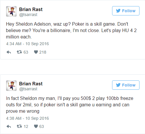 Brian Rast Desafia Sheldon Adelson para um Heads-Up de Milhões 101