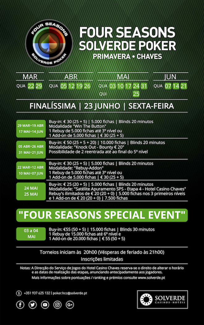 Four Seasons Solverde Poker Primavera de 22 de Março a 21 de Junho no Hotel Casino Chaves 101