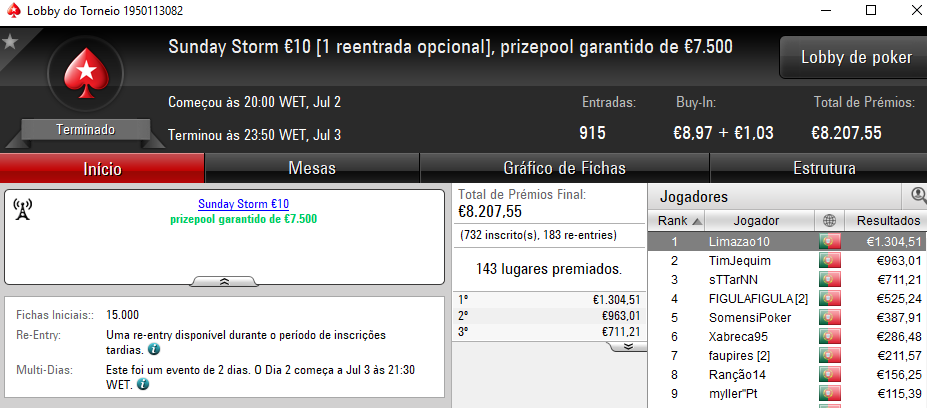 Fredmdd Conquista Sunday Special €100 e Limazao10 o Sunday Storm €10 & Mais 102