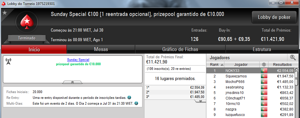 NOKY33 Vence o Sunday Special €100 e Andrept777 o Sunday Storm €10 101