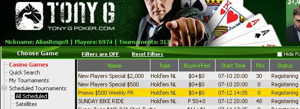 0 Cash Freerolls at Tony G Poker 101