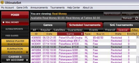 Freerolls Ultimate Bet Poker  : 1.530$ offert aux joueurs de PokerNews 101