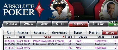 Les Tournois Freerolls PokerNews à 1.530$ arrivent sur Absolute Poker 101