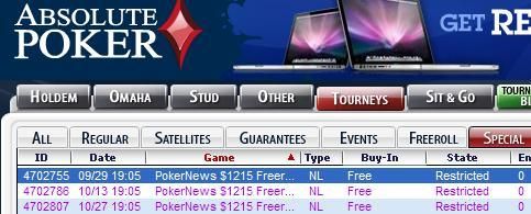 ¡Los freerolls de Absolute Poker, con 1.215$ en premios, ya están aquí! 101