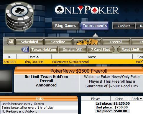 k in Cash Freerolls from OnlyPoker 101