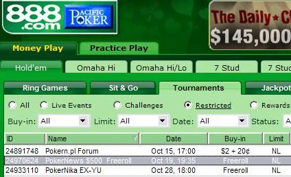 0 série freerollů na 888 Poker 101