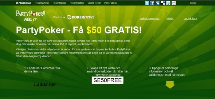 $50 GRATIS hos PartyPoker - UTAN insättning