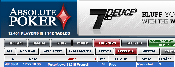 ,215 PokerNews Cash Freerolls na Absolute Poker 101