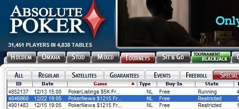 Pokerio freeroll - Absolute Poker 15 nemokamas turnyras 101