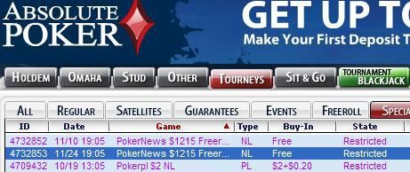 Absolute Poker lobby - $1215 PokerNews freeroll