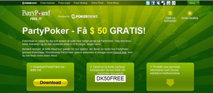 Party Poker $ 50 gratis - Brug bonus koden du ser på billedet