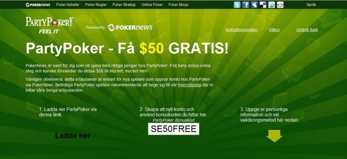 PartyPoker - $50 gratis UTAN insättning