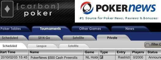 $500 Cash Freeroll PokerNews w lobby Carbon Poker