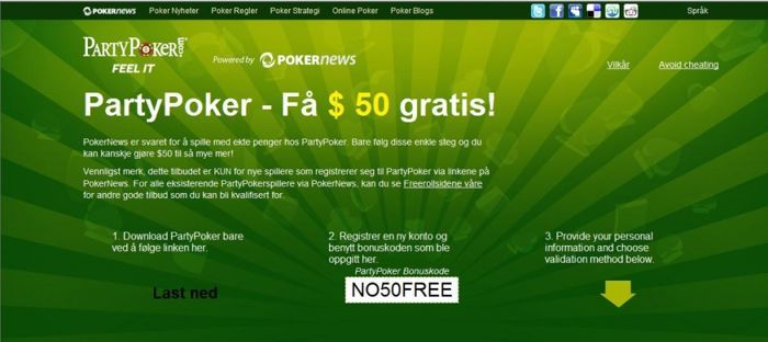 Få $50 GRATIS uten innskudd fra Party Poker