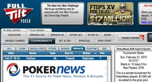 FullTilt Poker : Freeroll Series 1000$ avec le Club PokerNews 101
