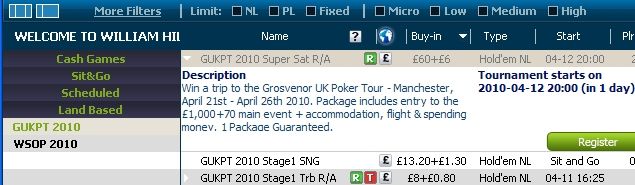 William Hill : Super-Satellite Grosvenor UK Poker Tour Manchester 101