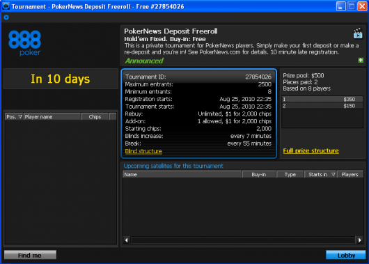 0 PokerNews innskudds freeroll turnering hos 888 Poker! 101