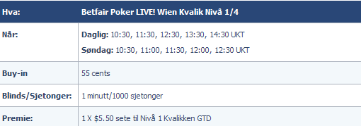 Kvalifiser deg til Betfair live 2.-5. desember i Wien - kvalifsering i dag kl 21:00 CET 101