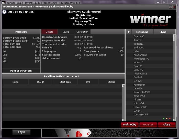 $2,500 Winner Poker frīrolla priekštelpa