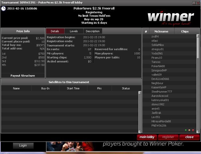 Paskutinis ,500 vertės nemokamas turnyras Winner Poker kambaryje 101