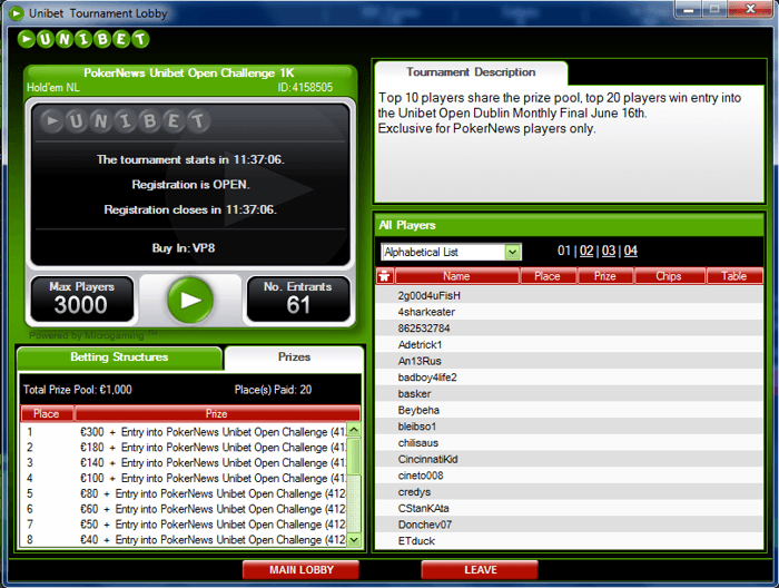 Последен €1k Unibet Open фрийрол тази вечер 101