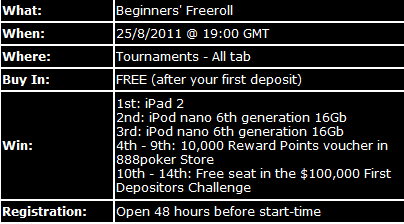 iPad 2 Freeroll on 888 Poker This Month 101