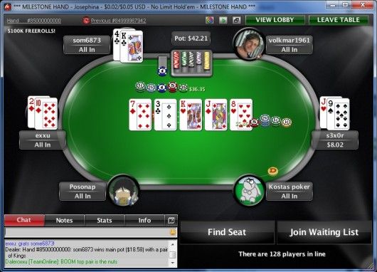 PokerStars : "som6873" gagne 26.300$ sur une table 0.02$/0.05$ 101