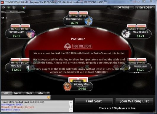 PokerStars  - 100 milliardième main : "microulis69" gagne 103.800$ en NL5 101