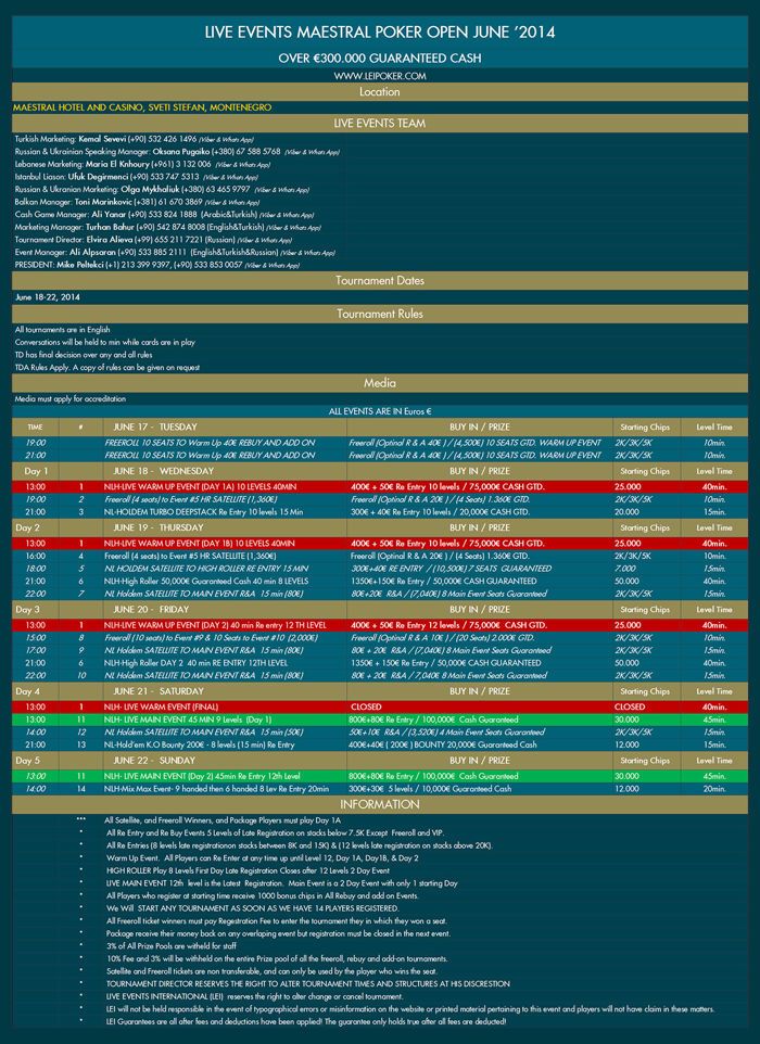 Live Events Int. Ponovo u Crnoj Gori od 18.-22. Juna 2014 Maestral Poker Open 101