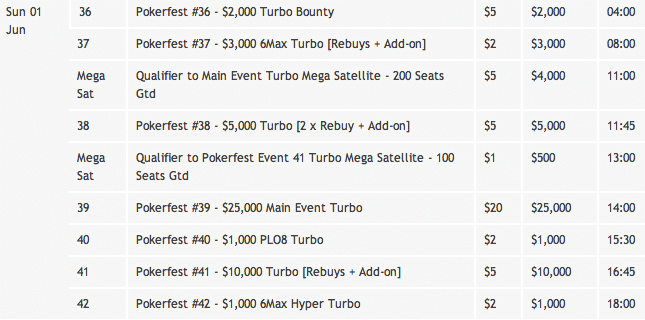 PokerFest Schedule June 1