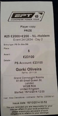 EPT Londres: Gorki Oliveira 5º em Paralelo (£23,100) & Português Naza (2/36) no Main Event 101