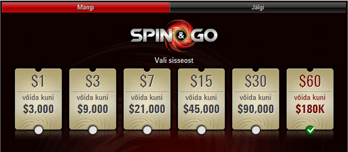 Tartlane Valev Vahter keerutas PokerStars Spin & Go turniiril välja maksimumi 101
