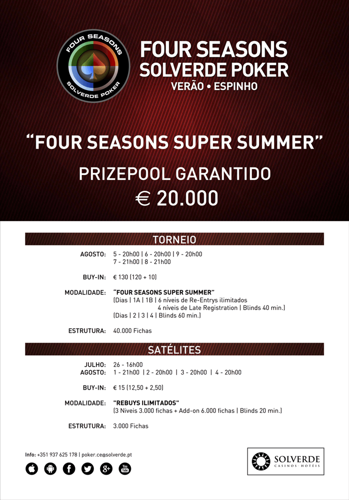 Hoje às 20:00 Dia 1B do Four Seasons Super Summer €20,000 Garantidos no Casino de Espinho 101