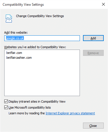 Compatibility View Settings in Internet Explorer