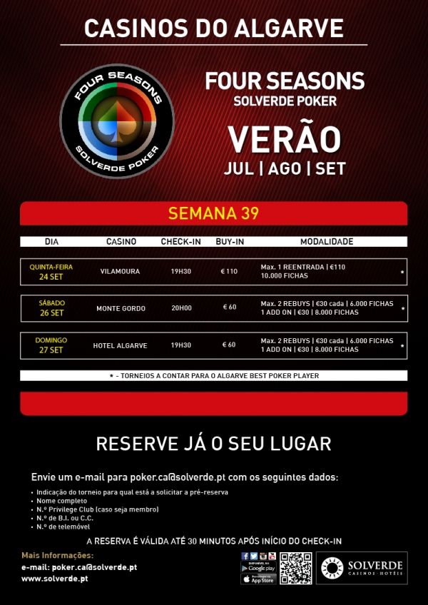 Calendário Semanal e Novidades na Four Seasons Solverde Poker Algarve 101